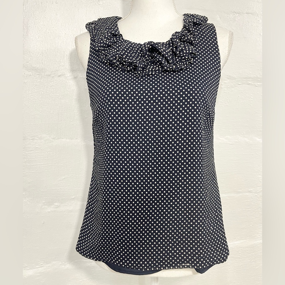 J. CREW POLKA DOT SLEEVELESS RUFFLE TRIM TOP